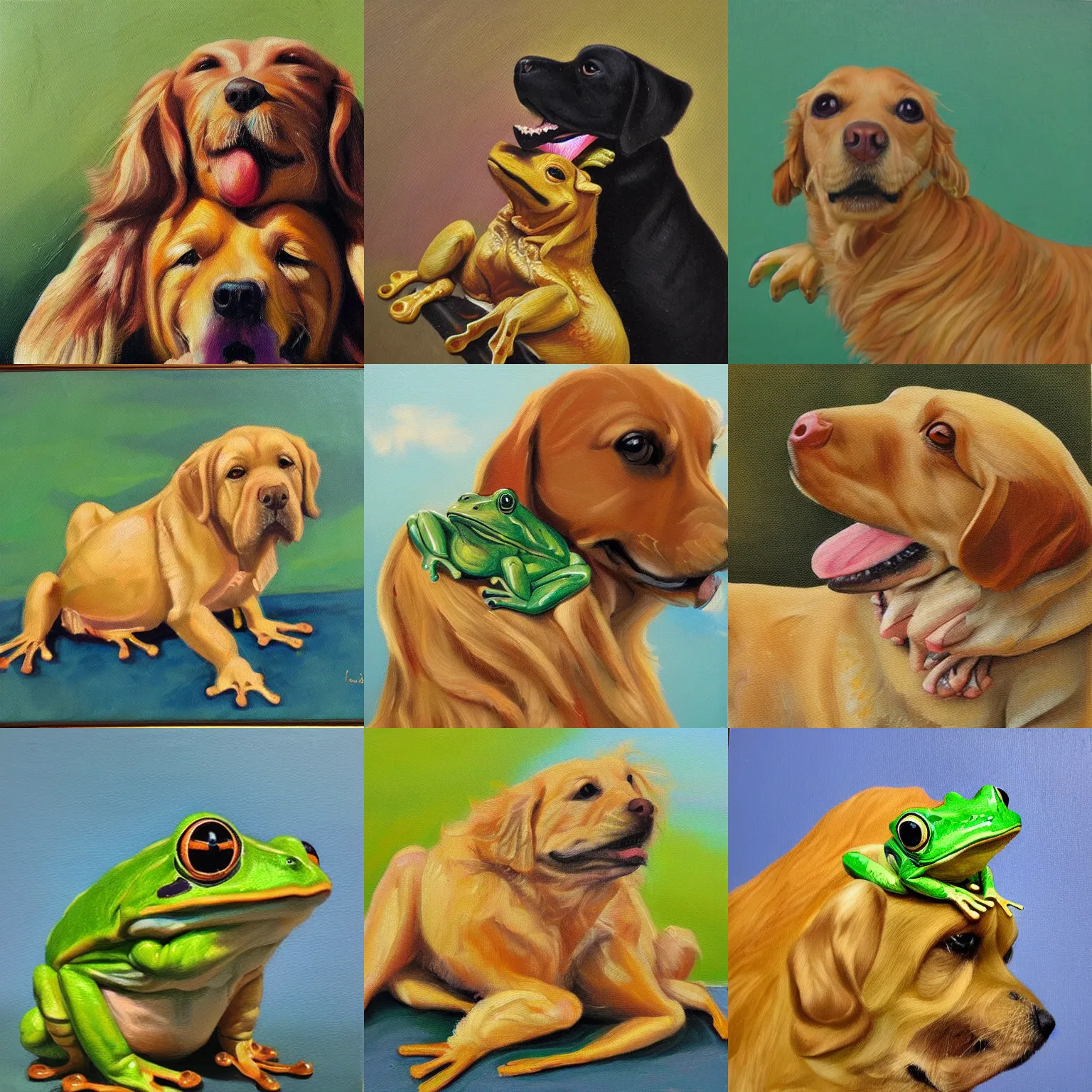 Prompt: A frog sitting on the head of a Golden Retriever, oil painting