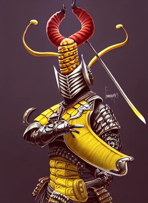 Image similar to a anthropomorphic banana wearing samurai armor, diffuse lighting, fantasy, intricate, elegant, highly detailed, lifelike, photorealistic, digital painting, artstation, illustration, concept art, smooth, sharp focus, art by frank frazetta and marco bucci and loish and rossdraws and artgerm and alphonse mucha