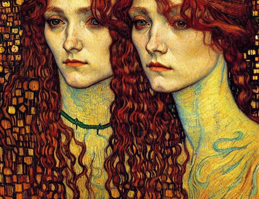 Image similar to detailed realistic beautiful young medieval queen face portrait by jean delville, gustav klimt and vincent van gogh, art nouveau, symbolist, visionary, gothic, pre - raphaelite, muted earthy colors, desaturated