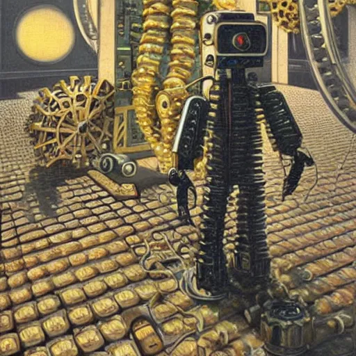 Image similar to a highly detailed retro futuristic robot with gears and other mechanical parts made out of pasta going for a walk outside, painting by Jim Burns