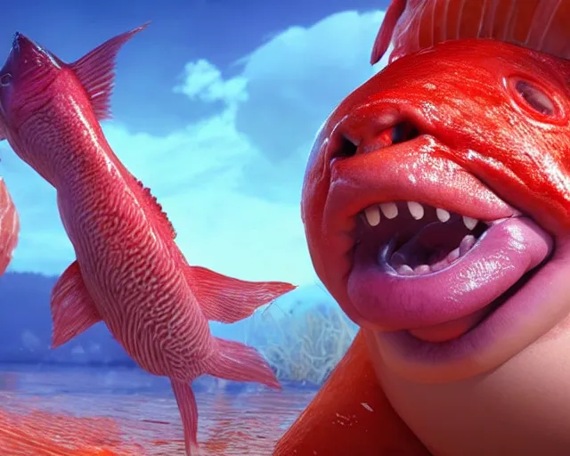 Prompt: of a very beautiful scene. ambient occlusion render. a sweet fat old woman is giving birth to a huge colorful fish. hyper realistic. 4 k. wide angle. wild, red mouth, blue eyes. deep focus, lovely scene. ambient occlusion render. concept art. unreal engine.