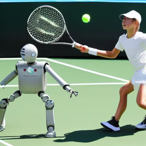 Prompt: Robots-androids playing tennis in Australian Open 2032 in Sydney, sunny weather, amazing