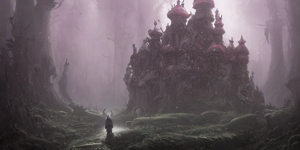 Image similar to ominous and powerful glowing mushroom kingdom, dark fantasy, Greg Rutkowski and Studio Ghibli and Ivan Shishkin