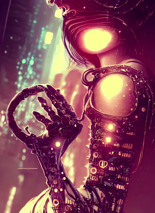 Prompt: soft lustrous full body dark biotech raver gutter punk cyberpunk cyborg bioweapon, golden ratio, details, sci - fi, dark fantasy, horrorpunk, cyberpunk, intricate, decadent, highly detailed, digital painting, octane render, artstation, concept art, smooth, sharp focus, illustration, art by artgerm, loish, wlop