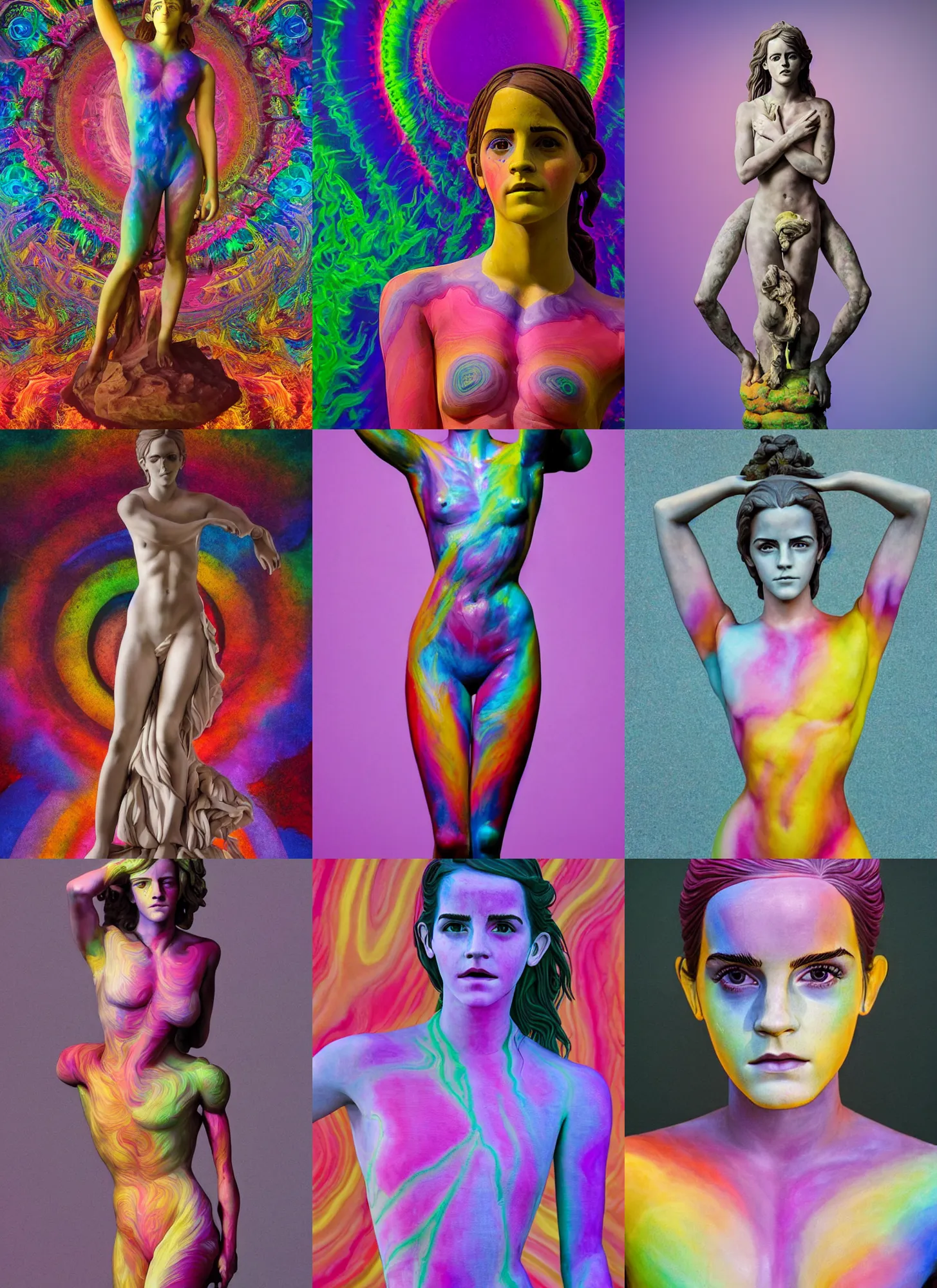 Prompt: full body statue of Emma Watson by Jean-Baptiste Carpeaux and Luo Li Rong and Michael James Talbot, all body, perfect symmetrical face, colorful, psychedelic psychedelic psychedelic colors, amazing rainbow bodypainting, synthwave, in full growth, elegant, realistic, 8K, female full-skin figure, hyperrealism, subsurface scattering, raytracing, rim light, Octane Render, Redshift, Zbrush, complex psychedelic glitch background