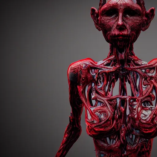 Image similar to octane render of a body horror humanoid, sharp dark shadows, black and red color palette by trevor henderson and junji ito