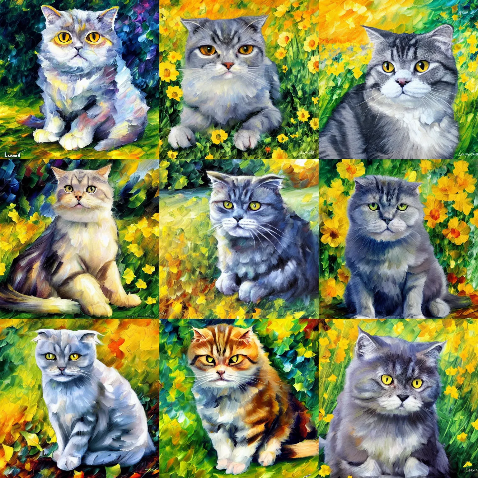 Prompt: a scottish fold cat, grey fur, yellow eyes, sitting in the middle of sunny meadow, by leonid afremov