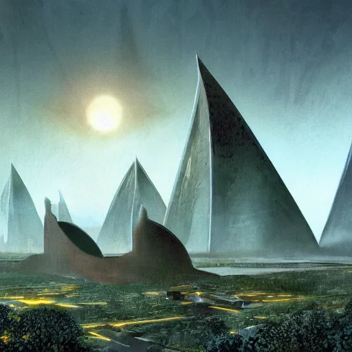 Image similar to future forest city attacked by spaceship, trees, plant, broken buildings, doom of the gods, monster, gravity mess, star trek, glory war, photograph, by arthur haas and bruce pennington and john schoenherr, cinematic matte painting, zaha hadid building, photo realism, dark moody color palate, blue hour stars, desolate glacial landscape,