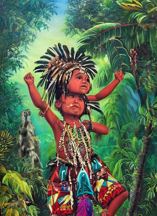 Prompt: a beautiful painting of an indigenous child celebrating in the jungle, fantasy art, highly detailed