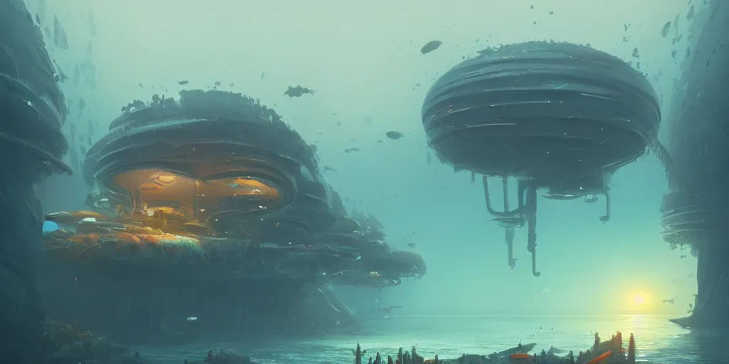 Prompt: Modern underwater architecture by Simon Stålenhag and Thomas Kinkade and Greg Rutkowski, trending on artstation, 4k