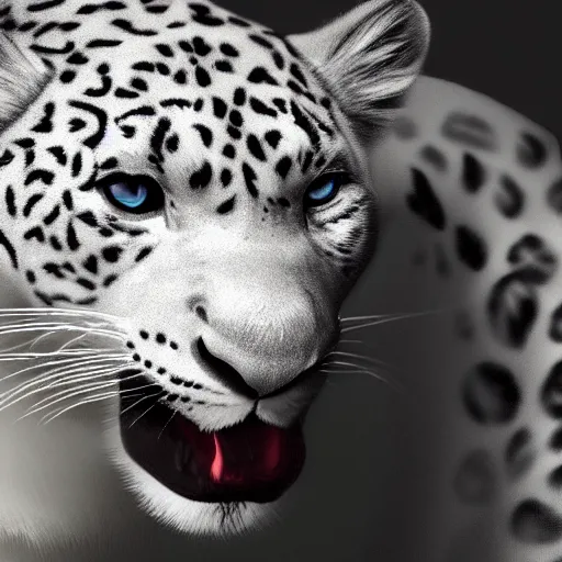Image similar to a Nobel white leopard, trending wallpaper, black background,front view, hyper realistic
