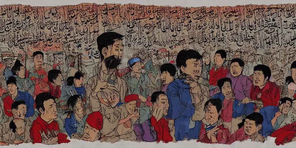 Image similar to uyghur men in a prison, in the style of daniel johnston and outsider art, 4k, overlaid with chinese text