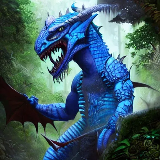 Image similar to A dragonborn with blue scales in a rainforest, trending on artstation, digital art