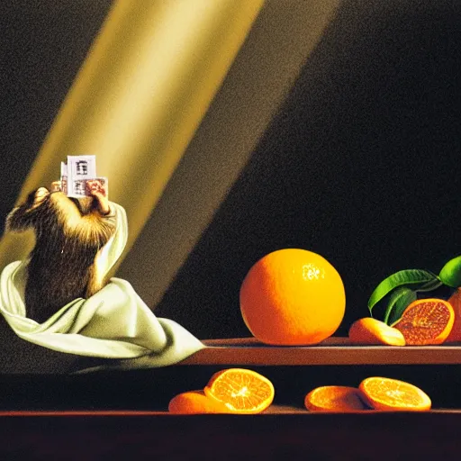 Image similar to monkey holding money, chromatic, crepuscular rays, dslr, caravaggio, citrus, dof