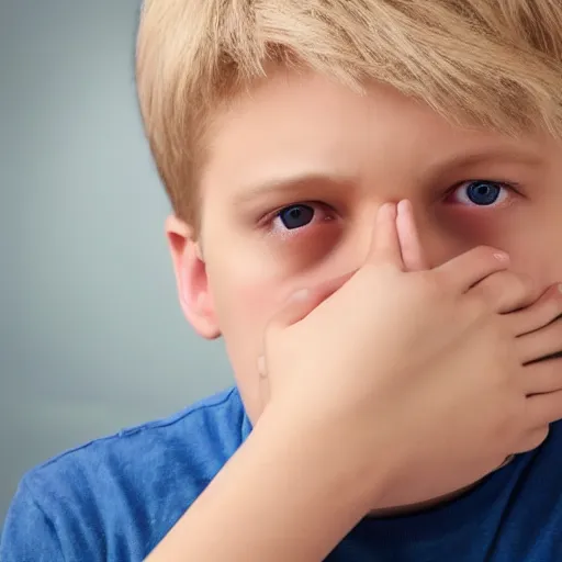 Prompt: portrait of a boy with his hand on his face, extremely realistic and real, photorealistic, blonde hair and blue eyes, detailed facial structure, real eyes that are detailed, real hands