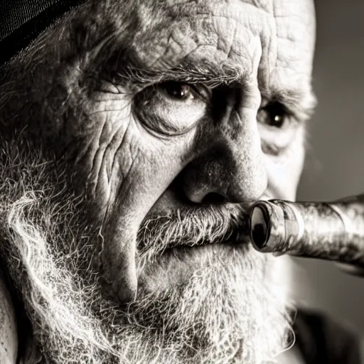 Image similar to close-up of a sad tired old man with a pipe, XF IQ4, 150MP, 50mm, f/1.4, ISO 200, 1/160s, natural light, Adobe Photoshop, Adobe Lightroom, DxO Photolab, Corel PaintShop Pro, rule of thirds, symmetrical balance, depth layering, polarizing filter, Sense of Depth, AI enhanced