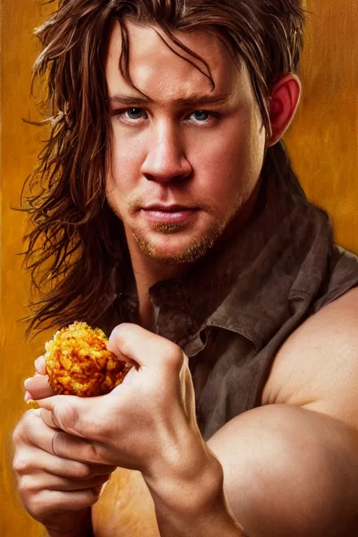 Image similar to a tater tot as channing tatum, oil on canvas, intricate, portrait, 8 k highly professionally detailed, hdr, cgsociety