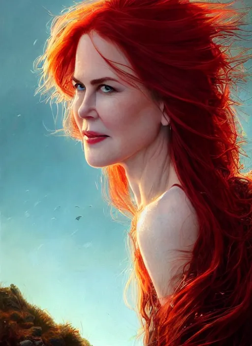 Prompt: nicole kidman with red hair, long haircut, beautiful highly detailed face, complementary lighting, backlit, black eyeshadow, grinning, adventure, dramatic lighting, landscape background, beautiful painting by artgerm and greg rutkowski and raymond swanland
