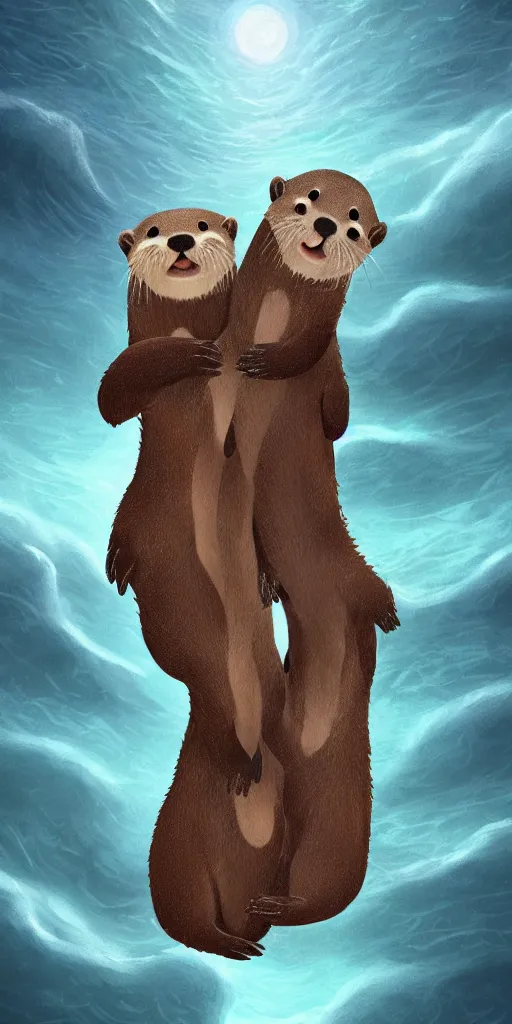 Image similar to adorable otters falling in love holding hands side by side, all alone in the middle of a scary storm at sea, fantasy illustration, cinematic, award winning, romantic, detailed trending on artstation, masterpiece