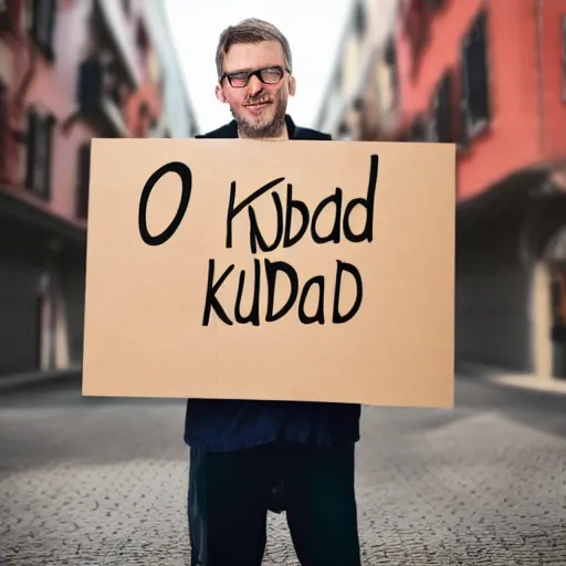 Image similar to stock photo of a man holding a sign that says OKBUDRETARD, realistic, detailed image, HDR, HDD, Clear Image, RTX ON, C 10.0