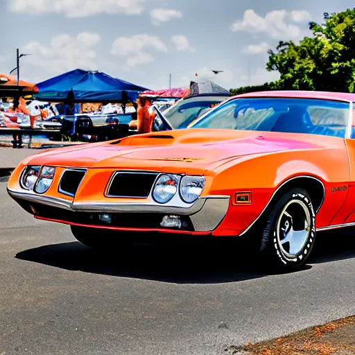 Prompt: Front of a blue 1972 Pontiac Firebird at a car show, daytime, long shadows in front