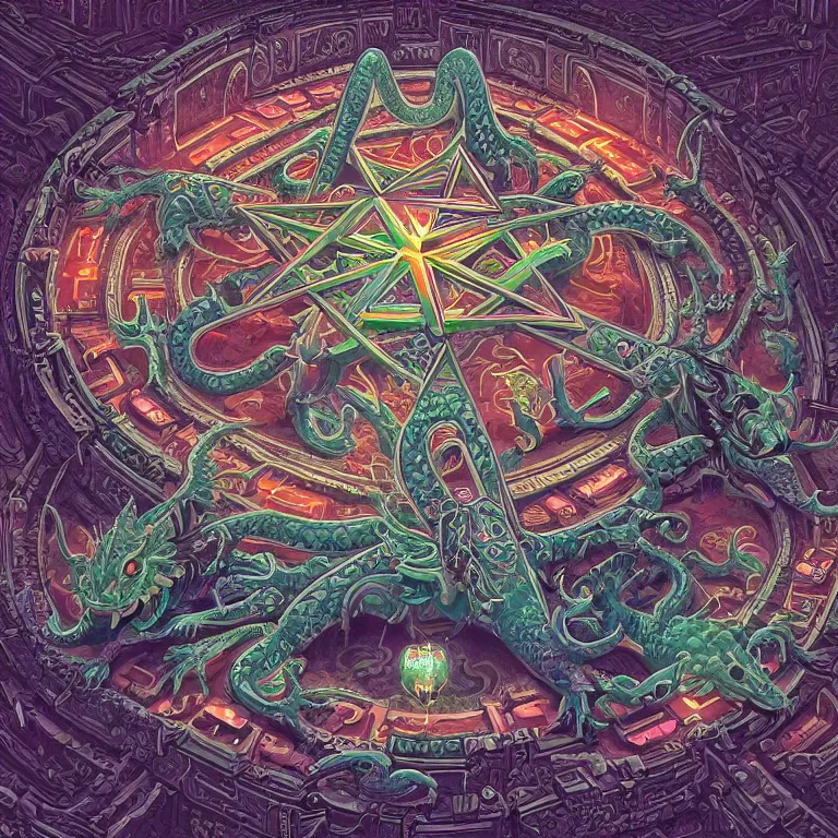 Prompt: ornate symmetrical diagram of a 7 sided pentagram and the 7 chromatic demon serpent dragons, detailed digital matte painting in the style of simon stalenhag and bev dolittle zdzisław beksinski, greg hildebrandt artstation, psychedelic