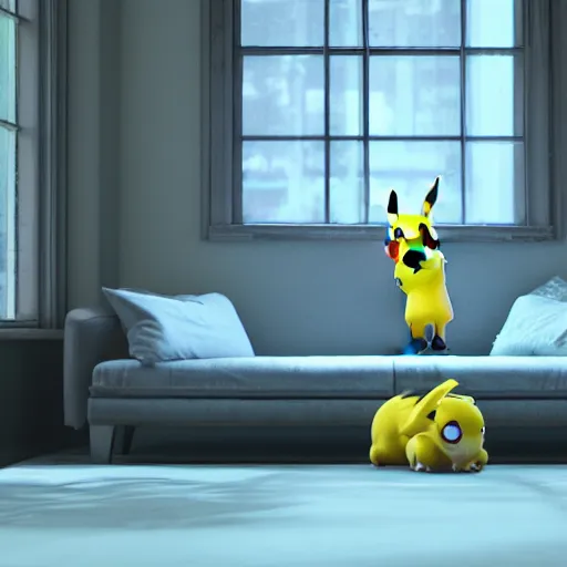 Image similar to Pikachu taking a bong rip on the couch, unreal engine 5, octane render, cgsociety, living room interior, soft lighting, ray tracing,