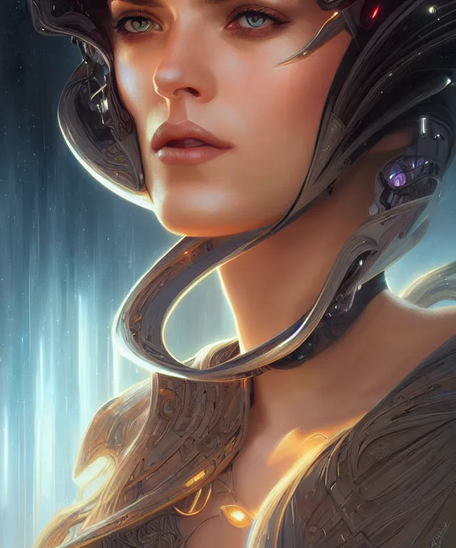 Image similar to futuristic woman portrait, sci-fi, amber eyes, face, long hair, fantasy, intricate, elegant, highly detailed, digital painting, artstation, concept art, smooth, sharp focus, illustration, art by artgerm and greg rutkowski and alphonse mucha