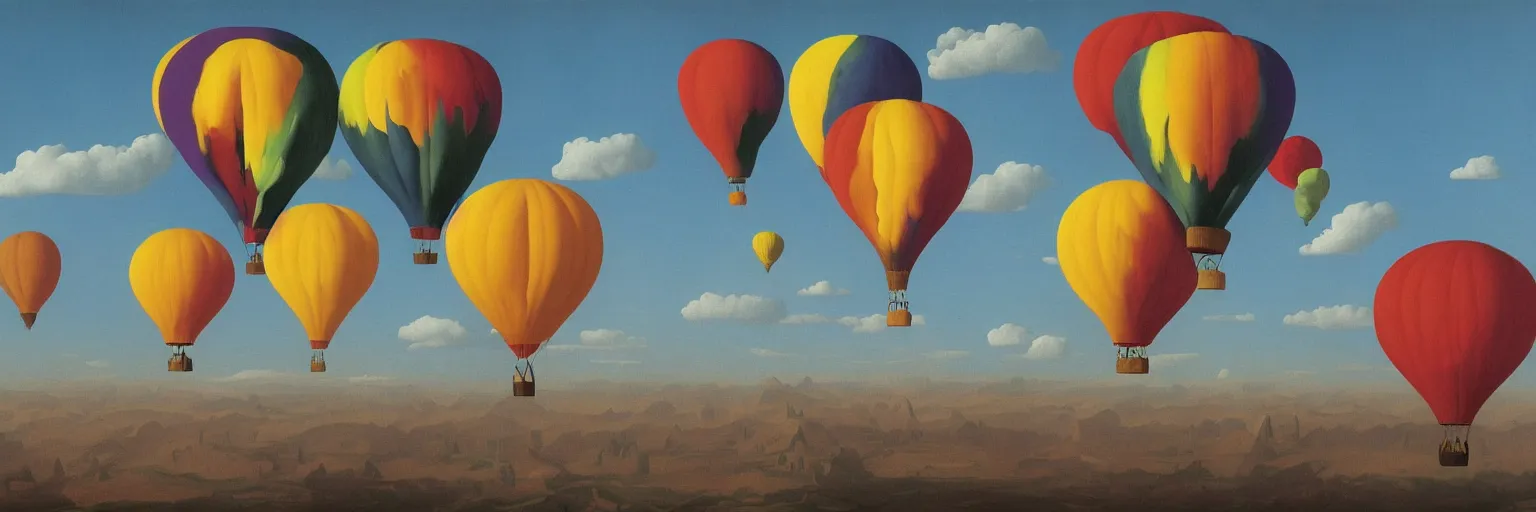 Prompt: colorful hot air balloon painting magritte