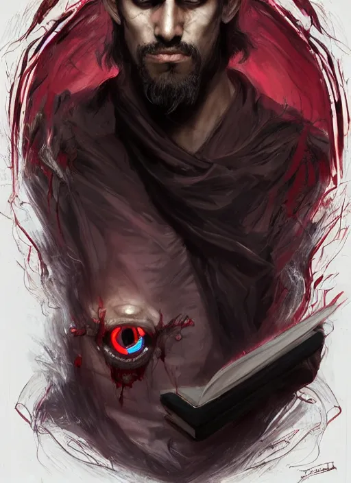 Image similar to character concept portrait of a handsome young twisted dark hispanic wizard with olive skin and glowing red eyes casting a zombie spell, a floating iridescent spell book in the center, intricate, elegant, digital painting, concept art, smooth, sharp focus, illustration, from Metal Gear, by Ruan Jia and Mandy Jurgens and William-Adolphe Bouguereau, Artgerm