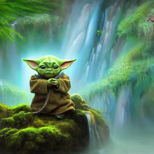 Image similar to tom bagshaw, beautiful kawai miniature baby yoda posing, mythical shrine, soft painting render curiosities carnival pond river vegetation rocks bugs wildlife mushrooms covered moss bioluminescent wisps, beautiful stunning waterfall, accurate features, focus, very intricate ultrafine details, random volumetric lighting, fog, award winning masterpiece, octane render 8 k hd, artstation