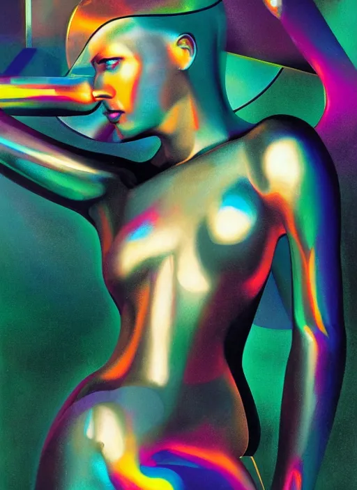 Image similar to futuristic lasers tracing, colorsmoke, fullbodysuit, pyramid hoodvisor, raindrops, wet, oiled, beautiful cyborg girl, by steven meisel, kaws, rolf armstrong, mondrian, kandinsky, perfect geometry abstract acrylic, octane hyperrealism photorealistic airbrush collage painting, monochrome, fluorescent colors, minimalist rule of thirds, eighties eros