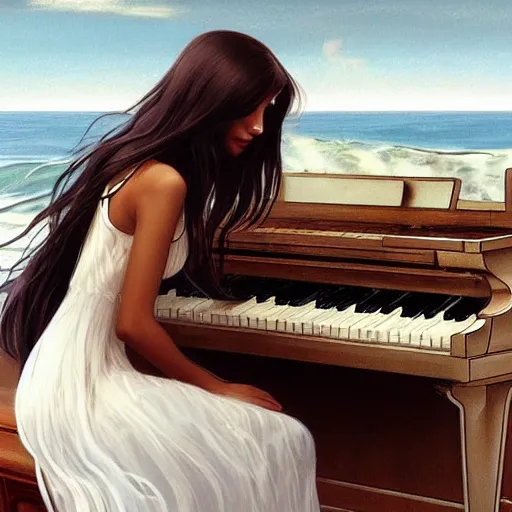 Image similar to A beautifull woman with long dark hair dressing a transparent white dress siting on a piano forte in the sea with Waves surrounding her, highly detailed, digital painting, artstation, concept art, sharp focus, illustration, art by artgerm and greg rutkowski and alphonse mucha