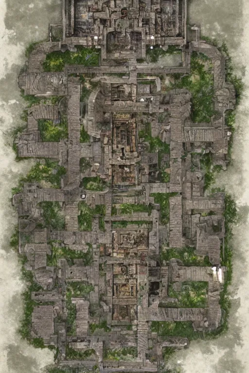 Image similar to full - color fantasy floor plan map of a ruined temple, 8 k, sharp details, highly detailed, bold edges, by greg rutkowski and james gurney, trending on artstation