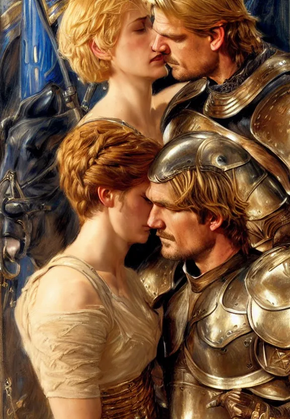 Image similar to attractive fully clothed jaime lannister confesses his love for attractive fully clothed armored brienne of tarth. highly detailed painting by gaston bussiere and j. c. leyendecker 8 k