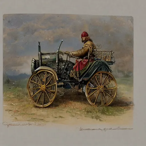 Prompt: ( ( ( ( ( the medieval king riding royal farm tractor, fully ornated with intricate gold and jewels. muted colors. ) ) ) ) ) high resolution, high quality, by jean - baptiste monge