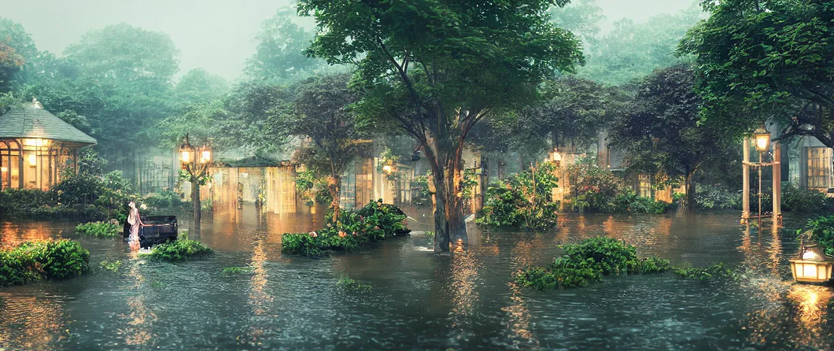 Image similar to carriership landing on raining night at flooded miniature city, emotion is on the rise on the town, cute style garden, octane render, trees, evergreen, patio, garden, wet atmosphere, tender, soft light misty yoshitaka amano, and artgerm, pixel art