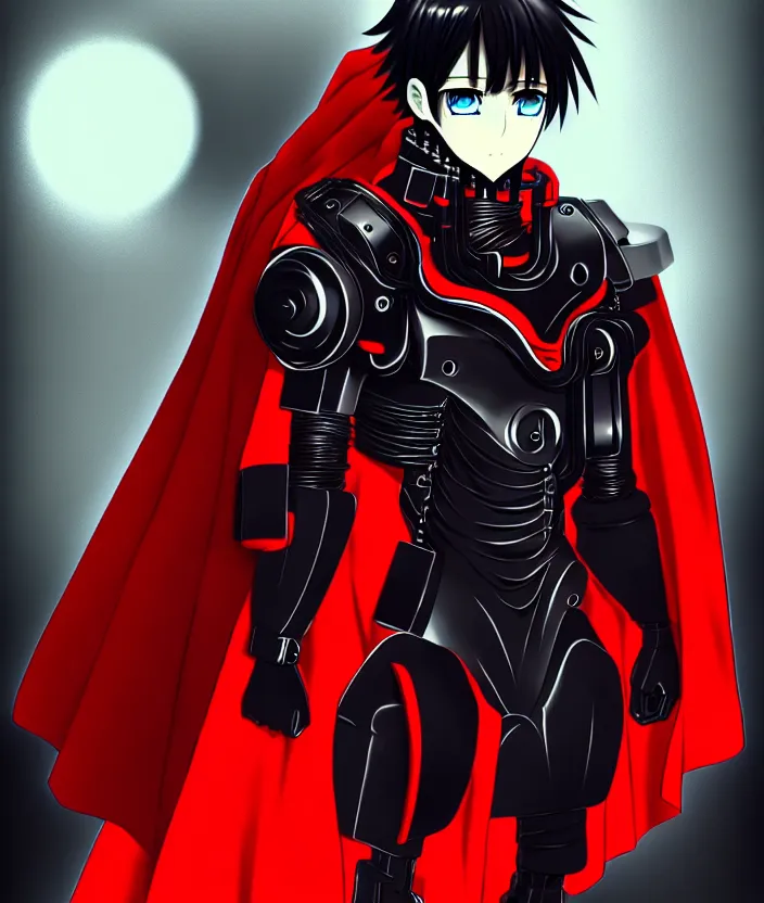 Image similar to a detailed manga illustration character full body portrait of a dark haired cyborg anime man who has a red mechanical eye and is wearing a cape, trending on artstation, digital art, 4 k resolution, detailed, high quality, sharp focus, hq artwork, insane detail, concept art, character concept, character illustration, full body illustration, cinematic, dramatic lighting