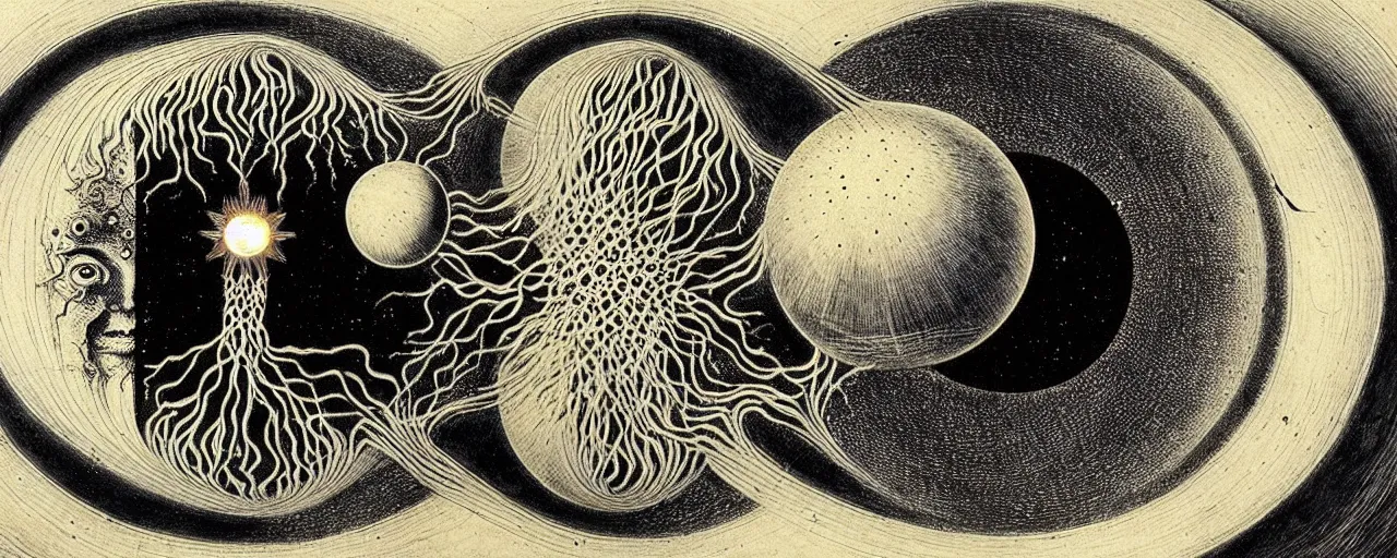 Image similar to a strange earth creature with endearing eyes radiates a unique canto'as above so below'while being ignited by the spirit of haeckel and robert fludd, breakthrough is iminent, glory be to the magic within, in honor of saturn, painted by ronny khalil