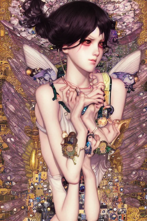 Image similar to portrait of beautiful young fairy, cyberpunk, Warhammer, highly detailed, artstation, illustration, art by Gustav Klimt and Range Murata and Ilya Kuvshinov and Sakimichan