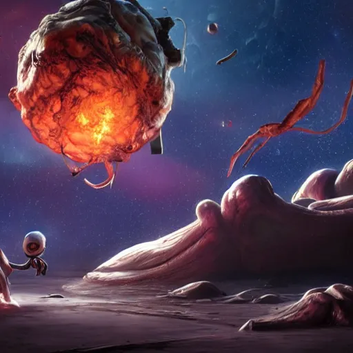 Image similar to eldritch horror bloody garfield in space, hd, 8 k, giant, epic, realistic photo, unreal engine, stars, prophecy, powerful, cinematic lighting, destroyed planet, debris, violent, sinister, ray tracing, dynamic, epic composition, dark, horrific, teeth, grotesque, monochrome drawing, hellscape