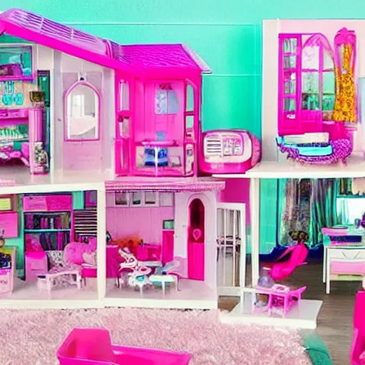 Image similar to “Barbie dream house but it’s all cluttered because Barbie became a hoarder”