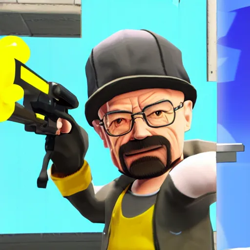 Image similar to walter white in the style of a splatoon character, in game screenshot, unreal engine, high definition