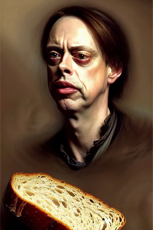 Prompt: beautiful portrait half steve buscemi trapped in an artisan loaf of sourdough bread, art by anders zorn, wonderful masterpiece by greg rutkowski, beautiful cinematic light, american romanticism thomas lawrence, greg rutkowski