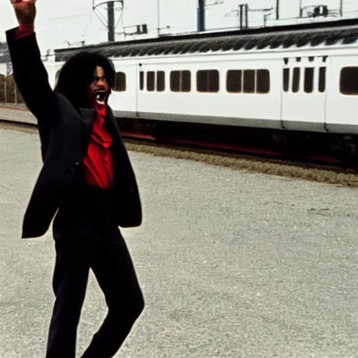 Image similar to michael jackson shouting, screaming, looking tired, in front of a train