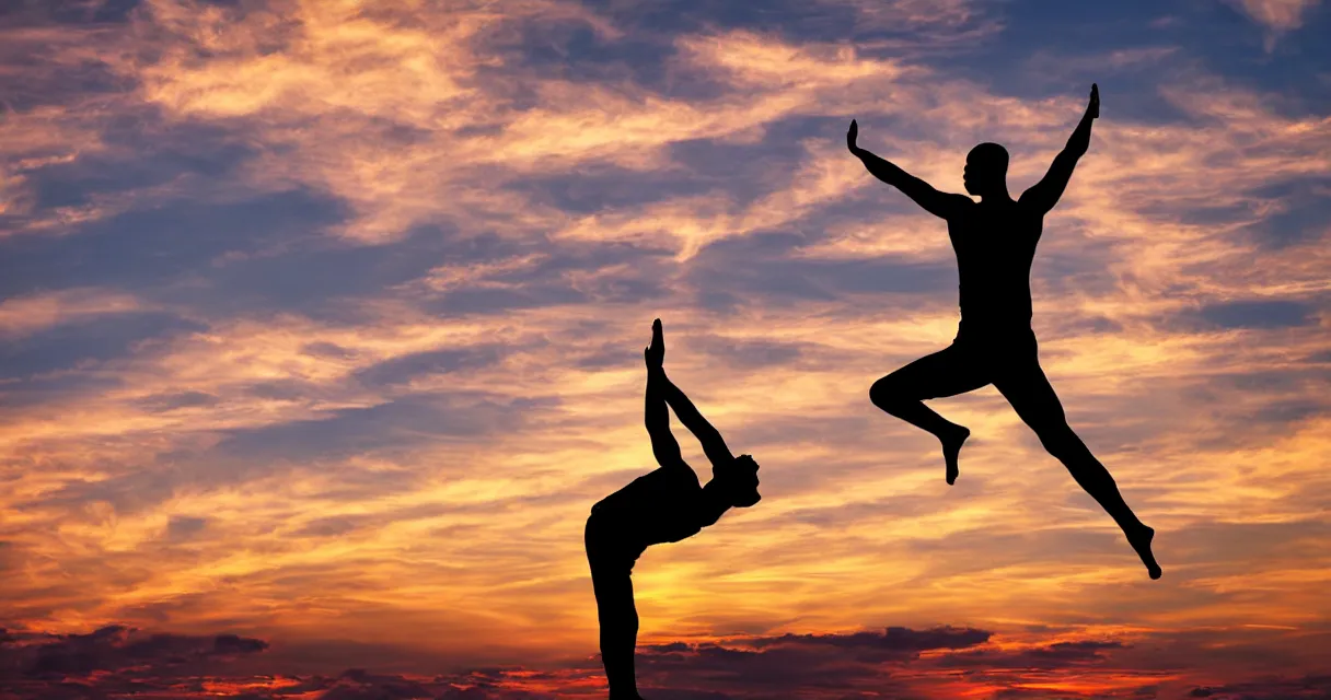 Prompt: wide range photo silhouette of a man doing yoga, at a beautiful sunset, highly detailed, colorful,