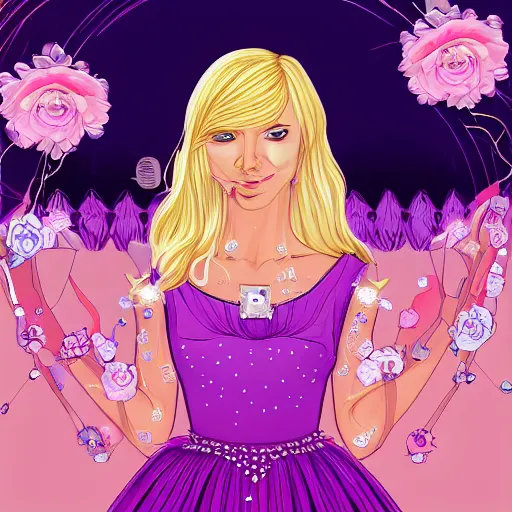 Image similar to Digital art of a princess with blonde hair and bangs, wearing a fancy pink ball dress and pearl earings, holding a pink and purple flower boquet in a light pink room by Dan Mumford and Sandra Chevrier, 4k