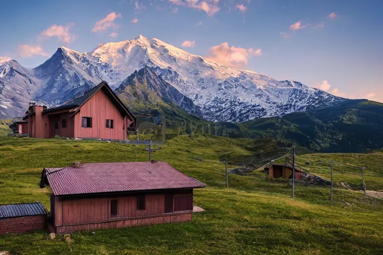Image similar to architecture photo modern fachwerk house cottage settlement with Elbrus mountain on the background, architecture, photorealism 8k , high details