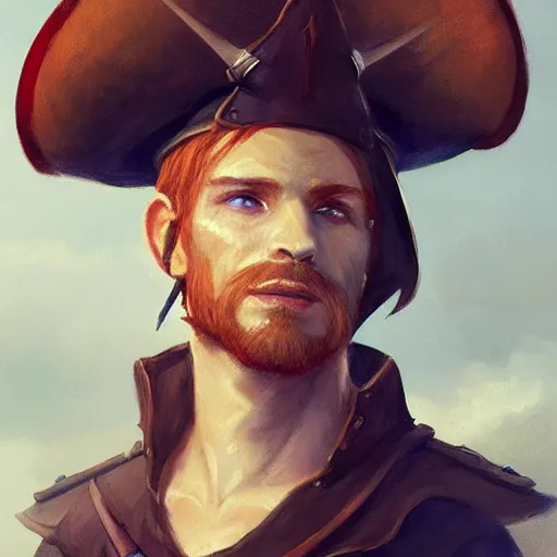 Image similar to handsome charming ginger rogue with long slender pointed ears, wearing a tricorne pirate captain hat, naval background, full body portrait, stunning award-winning art by Greg Rutkowski