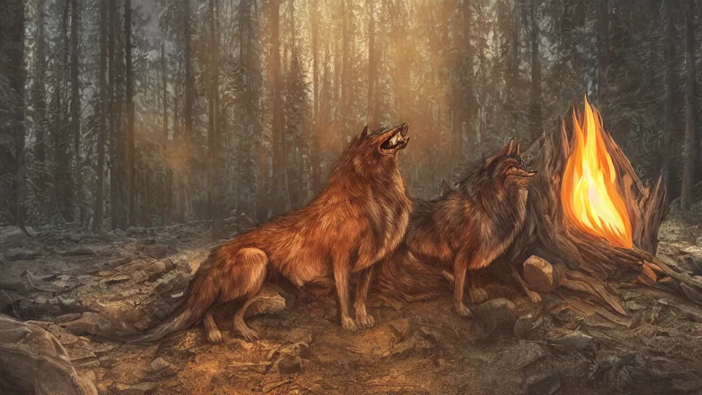 Prompt: Fenriswolf and Wotan carved into wood with moody campfire light, digital painting, sharp, digital art by James Zapata and Jana Schirmer and Brad Rigney and Andres Rios,